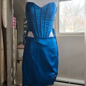 Fashion Nova Blue Strapless Satin Corset Dress